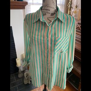 💚 button down sheer blouse mint and peach 🍑 sz L